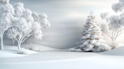 Fototapeta premium A 3D depiction of a snowy forest with wildlife gathering around a Christmas tree decorated with natural ornaments.Ultra-Realistic, Photo Realistic, highly detailed, 