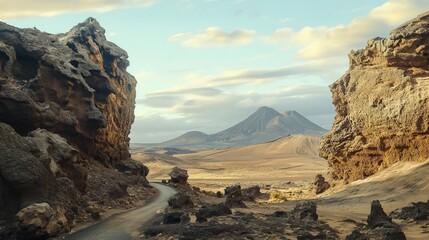 A picturesque road meandering through Lanzarot volcanic park, with dramatic rock formations, vast desert views, and the promise of adventure and exploration ahead.