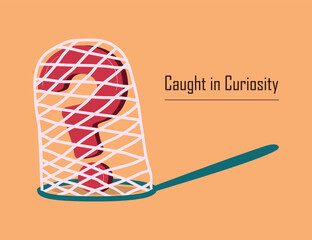 Cute conceptual cartoon thick style red question mark sign with shadow trapped in fishing net icon on trendy orange background poster