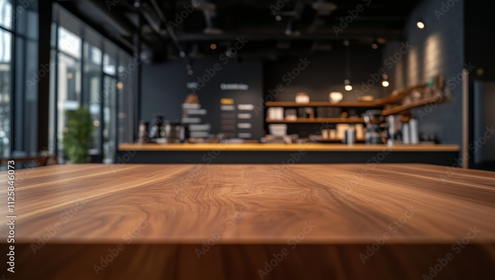 Poster empty wooden table in modern cafe, blurred background.
