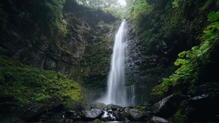 Fototapeta premium Serene Waterfall in Lush Rainforest