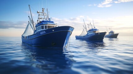 Naklejka premium Three fishing boats with nets in the sea, in a blue color, with a clear sky and daylight, photorealistic