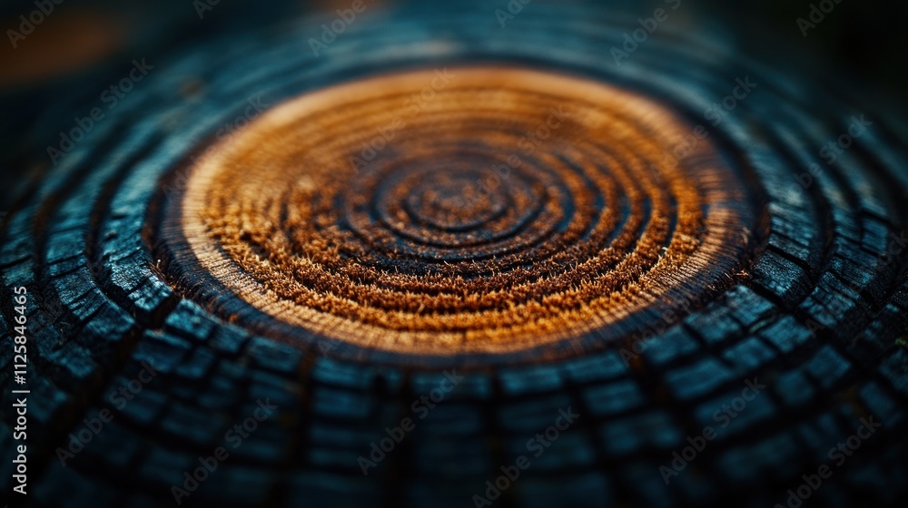 Poster close-up of a tree stump's cross-section, showcasing concentric rings and charred edges.