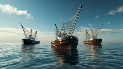 Obraz premium Three fishing boats with nets in the sea, in a blue color, with a clear sky and daylight, photorealistic