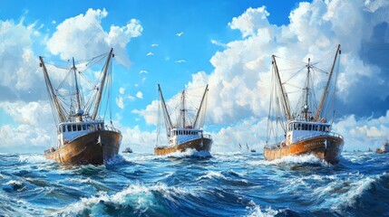 Obraz premium Three fishing boats with nets in the sea, in a blue color, with a clear sky and daylight, photorealistic