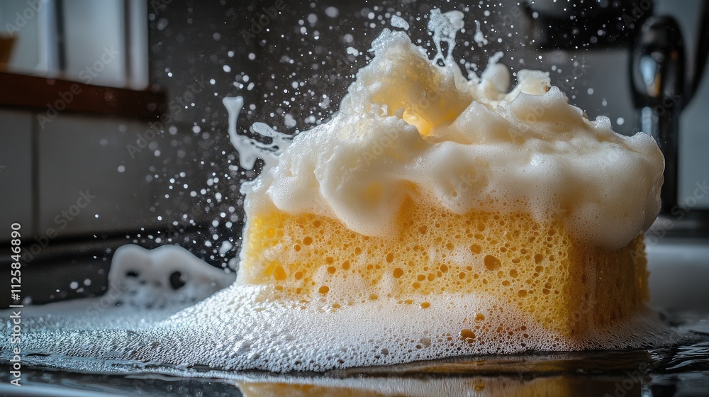 Aufkleber captivating close-up of a wet dish sponge extravagantly covered in bubbles, creating a dynamic scene