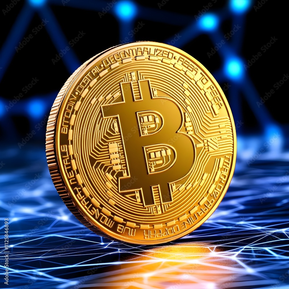 Poster golden bitcoin coin representing cryptocurrency and digital currency concept with network connection