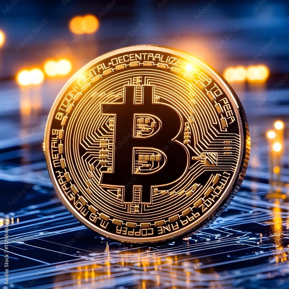 Poster golden bitcoin coin with symbol displayed on circuit board background, symbolizing cryptocurrency, d