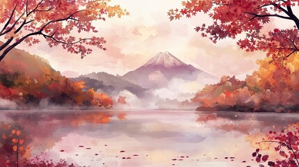 A tranquil morning at Lake Kawaguchiko, Mount Fuji rising above the fog, framed by vivid autumn leaves in shades of red and gold under a pastel sky