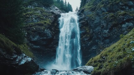 Obraz premium Majestic Waterfall in Lush Mountain Valley