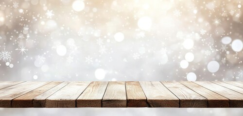 Wooden table against a bokeh background with snowflakes.
