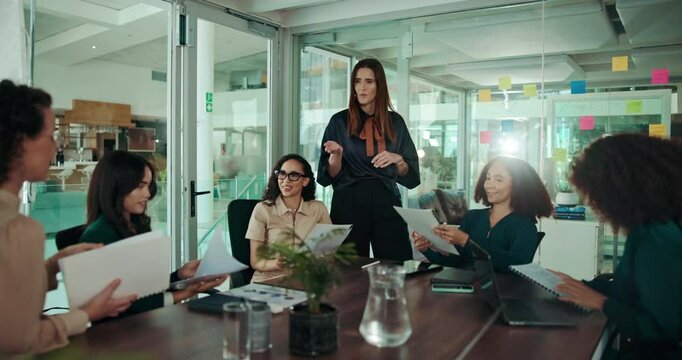 People, documents or meeting in office for business, company feedback or new project proposal. Women, girl boss or reports in agency for collaboration, discussion or empowerment in corporate industry