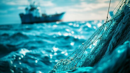 Obraz premium Close-up of a teal-colored rope on a deck, with a blurred background