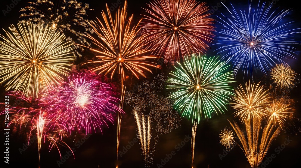 Aufkleber colorful fireworks display in night sky showcasing multiple patterns and bright colors with a variet