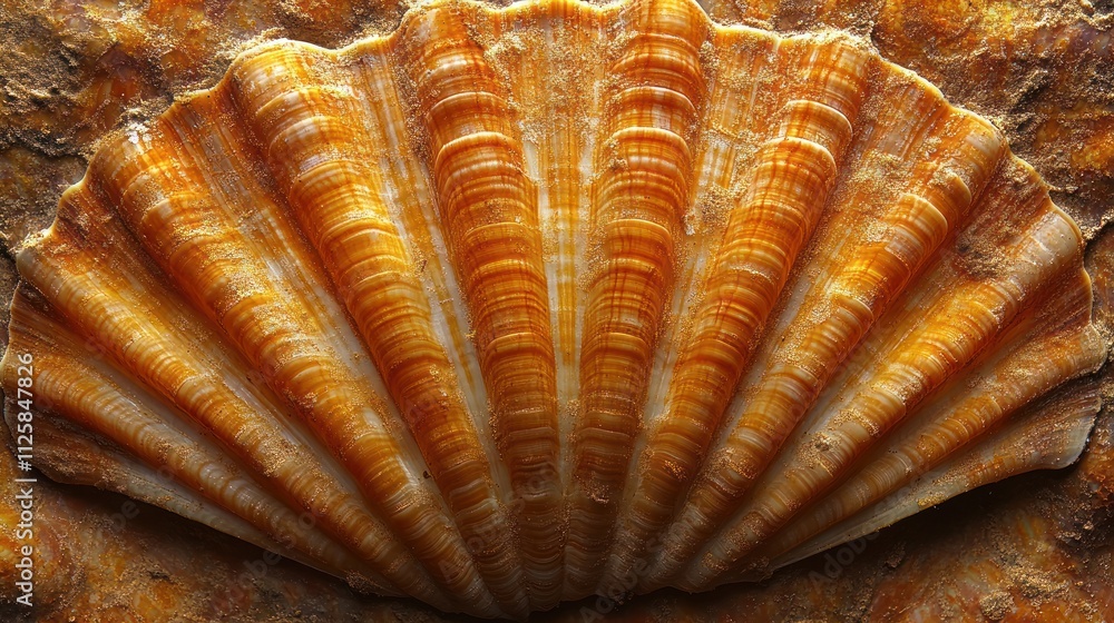 Poster close-up of a vibrant orange seashell with intricate lines and texture.