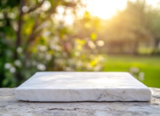 White marble slab on stone surface, blurred garden background, sunlight.