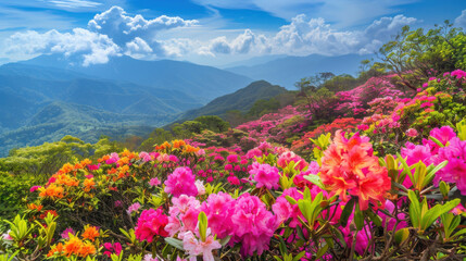 Vibrant Rhododendron Blossoms in Mountain Landscape