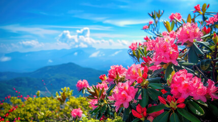 Obraz premium Pink Rhododendrons in Mountain Landscape