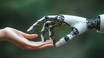 Human and robotic hands in a symbolic connection gesture