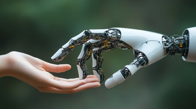 Human and robotic hands in a symbolic connection gesture