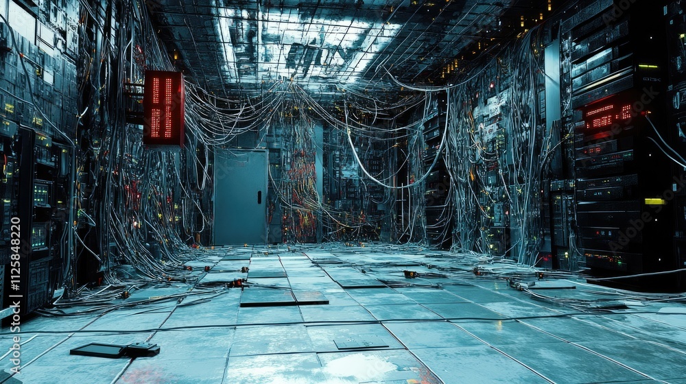 Poster a wide-angle shot of an organized computer wiring room, with neatly arranged cables running across t