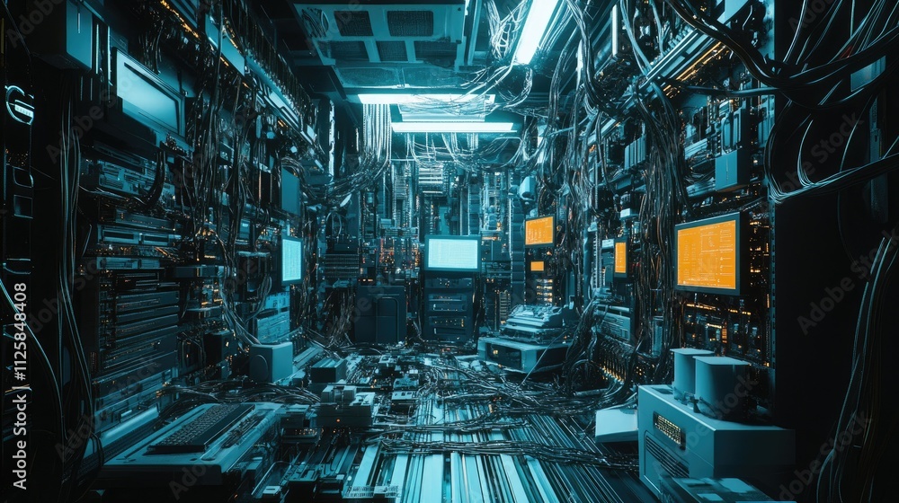 Poster a wide-angle shot of an organized computer wiring room, with neatly arranged cables running across t