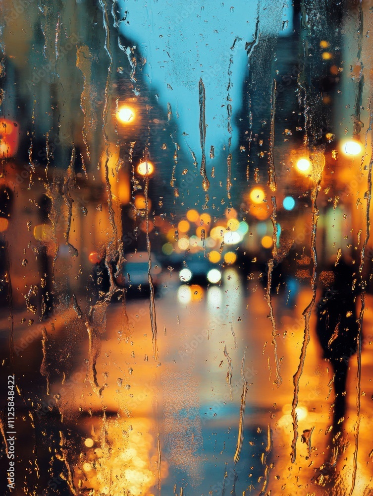 Leinwandbilder Raindrops cling to a window while an empty street glows with blurred lights, creating a tranquil atmosphere ideal for reflection. Generative AI