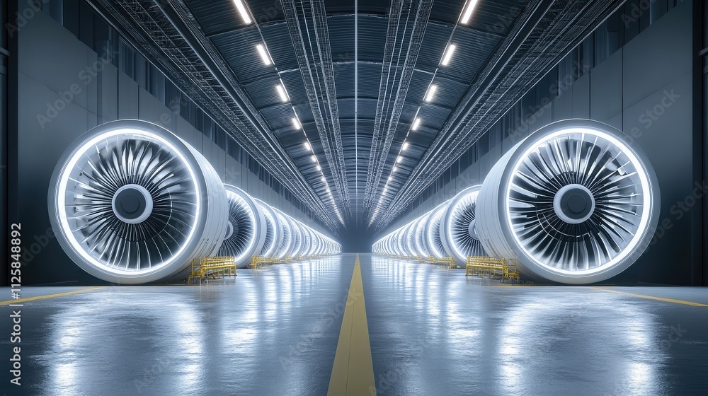 Poster high-detail view of aircraft engine workshop with advanced turbofan engines arranged in a modern han