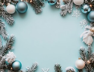 Greeting winter, New Year, Christmas card. Empty light blue New Year background with blue and white balls