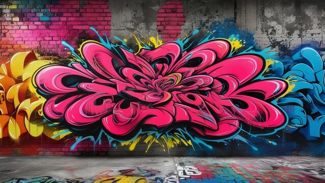 Fototapeta stunning street wall graffiti painting and aerosol urban art wallpaper. vibrant urban backdrop for spray-painting graffiti in the vein of contemporary culture