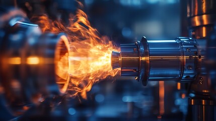 A high-energy laboratory scene focused on testing cutting-edge space propulsion systems Stock Photo with side copy space