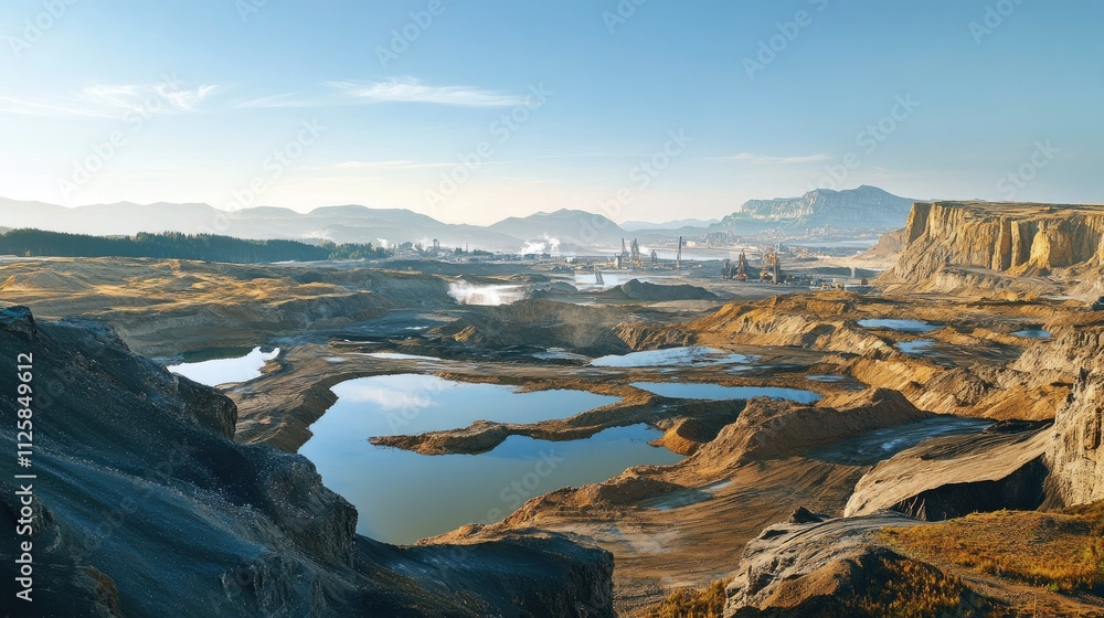 Poster aerial view of a vast mining site with large excavation pits filled with water, rugged terrain and i