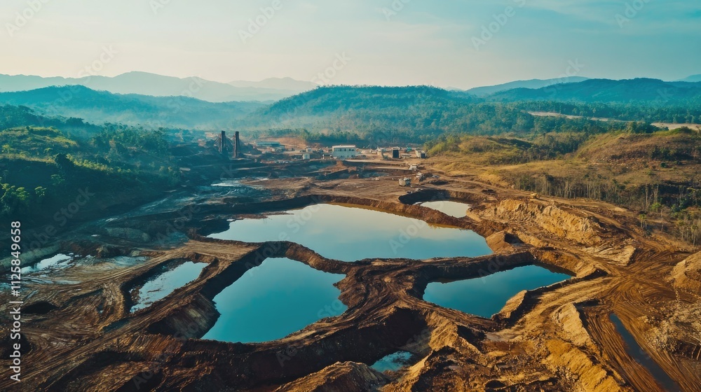 Poster aerial view of a vast mining site with large excavation pits filled with water, rugged terrain and i