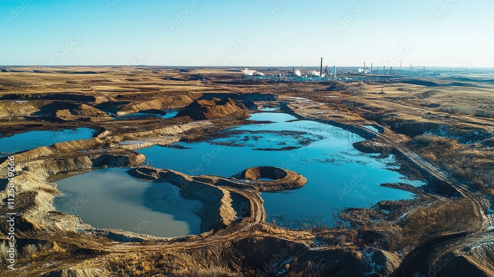 Poster aerial view of a vast mining site with large excavation pits filled with water, rugged terrain and i