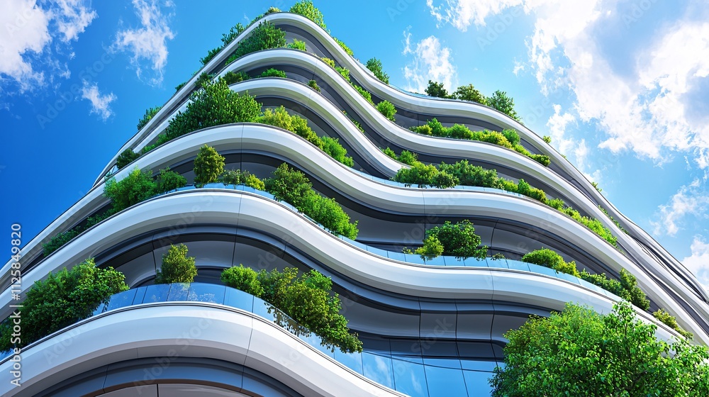 Poster A futuristic energy-efficient building design powered entirely by renewable sources Stock Photo with side copy space