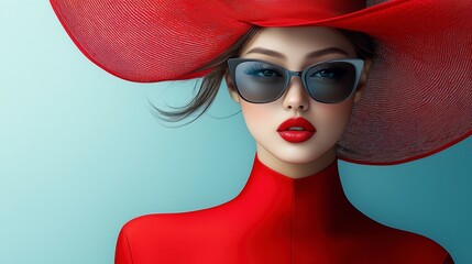 A chic fashion shot featuring a red dress with a dramatic silhouette, accessorized with glamorous sunglasses and a statement hat, illuminated by soft natural light that highlights the vibrant 