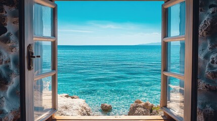 An open window view of the calm Mediterranean sea, with crystal-clear waters stretching to the horizon on a bright sunny day © Natchooda