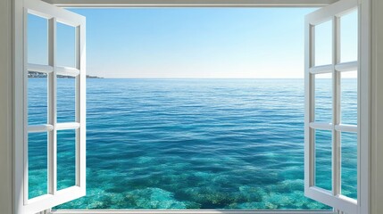 An open window view of the calm Mediterranean sea, with crystal-clear waters stretching to the horizon on a bright sunny day