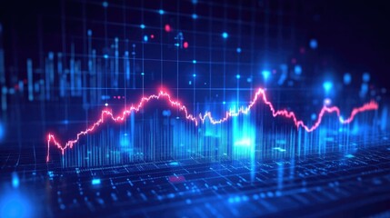 Naklejka premium Glowing arrow up, Volatility index chart on white block, Business chart steps on dark blue background.