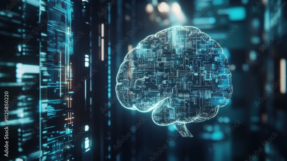 Leinwandbilder a digital brain merges with circuits, chips, and holographic projections, highlighting the fusion of