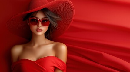 A dramatic red dress glowing in vibrant tones, styled with glamorous accessories including a tilted hat and bold sunglasses, in a softly lit space with refined elegance, ultra-realistic, photo-realist