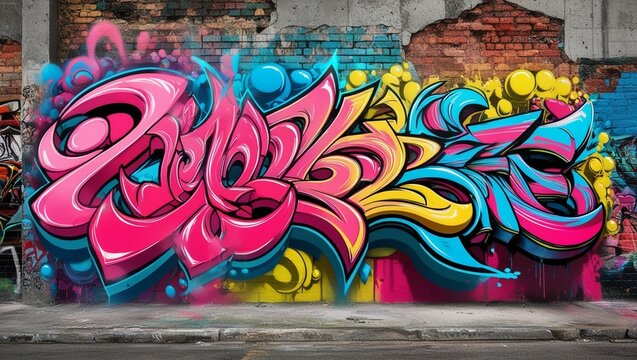 Fototapeta stunning street wall graffiti painting and aerosol urban art wallpaper. vibrant urban backdrop for spray-painting graffiti in the vein of contemporary culture