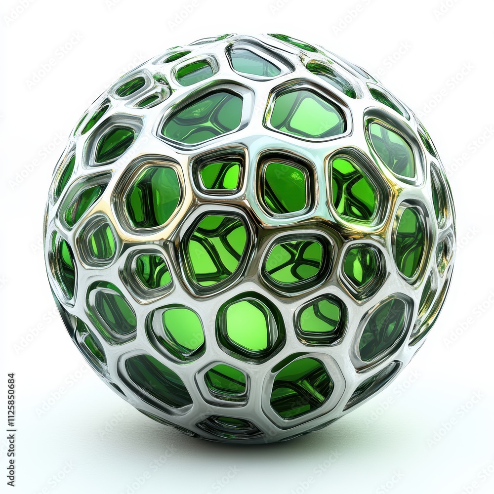 Poster a spherical object with a metallic surface and green, honeycomb-like structure.