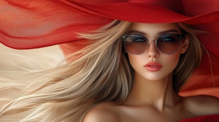 Fototapeta premium A fashionable red dress paired with sleek sunglasses and a mysterious tilted wide-brimmed hat, captured in exquisite detail with warm, inviting lighting, ultra-realistic, photo-realistic, highly 