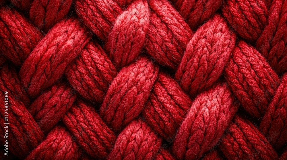 Poster Close-up of a warm knitted wool texture in red tones, showcasing an intricate braid pattern perfect for textile design backgrounds with soft lighting