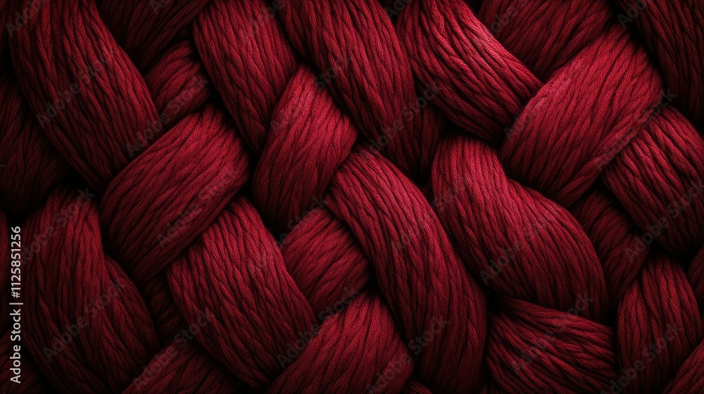 Poster Close-up of a warm knitted wool texture in red tones, showcasing an intricate braid pattern perfect for textile design backgrounds with soft lighting