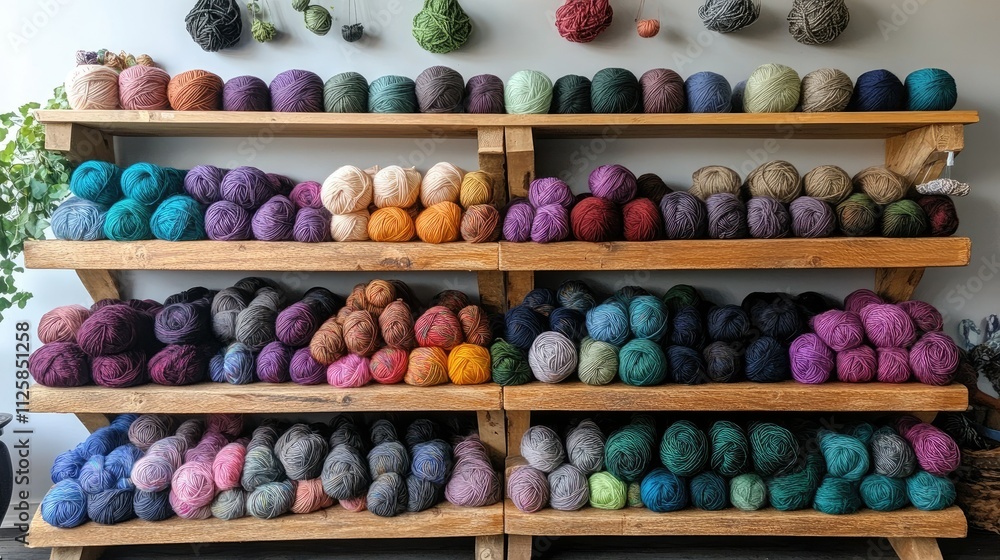 Poster an organized array of colorful yarn balls on wooden shelves, showcasing an assortment of hues for cr