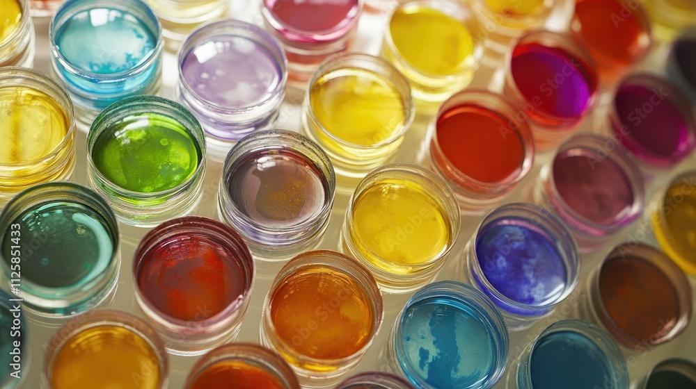 Poster close-up of rows of colorful petri dishes in a lab, each containing a different vibrant culture or s
