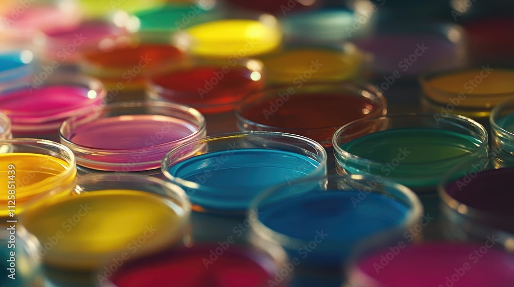 Poster close-up of rows of colorful petri dishes in a lab, each containing a different vibrant culture or s