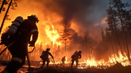 Obraz premium A dramatic wildfire scene with firefighters working to contain the flames